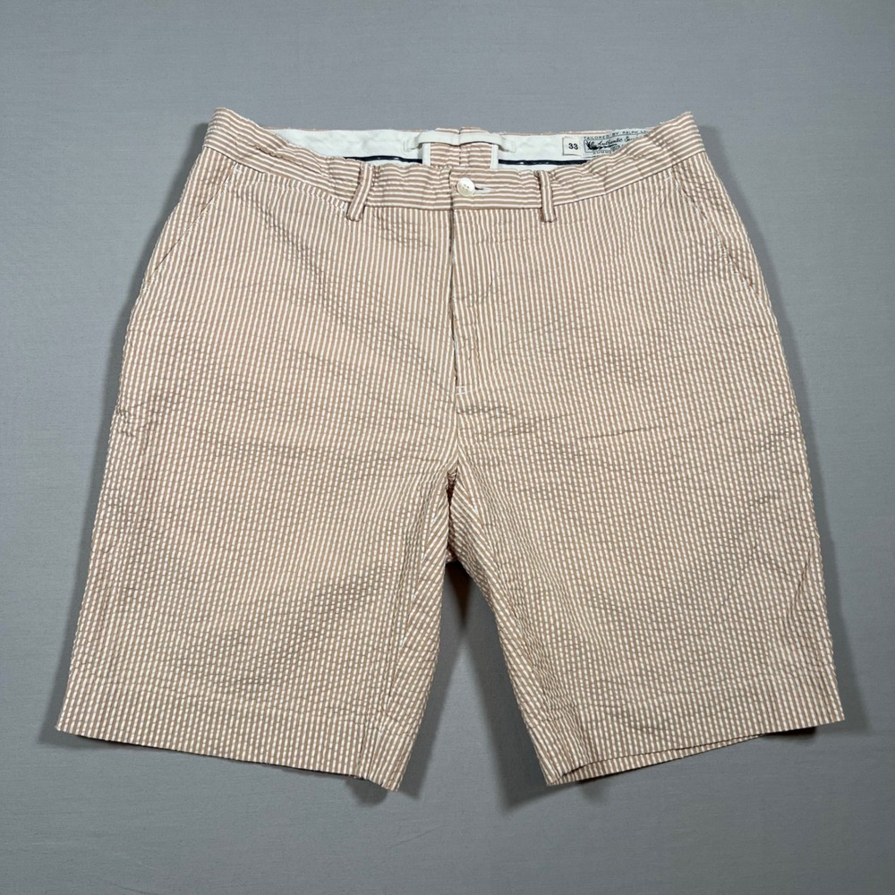 Polo Ralph Lauren Mens Tan White Seersucker Striped Shorts Size 33 Flat Front 9"